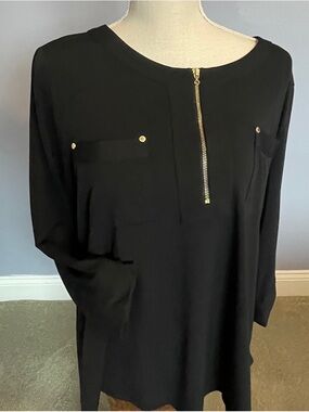 Ellen Tracey Elegant Women's Blouse 3/4 Sleeve with Gold Zipper Accent PXL